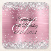 シルバーフェイクグリッターピンクフォイル40th誕生日紙 スクエアペーパーコースター (正面)