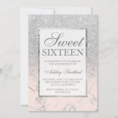 シルバーフェイクグリッターピンクマーブルエレガントスウィート16 招待状 (正面)