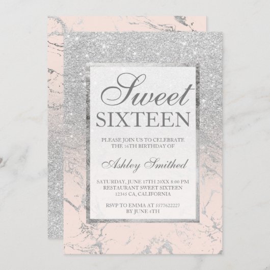 シルバーフェイクグリッターピンクマーブルエレガントスウィート16 招待状 (正面/裏面)