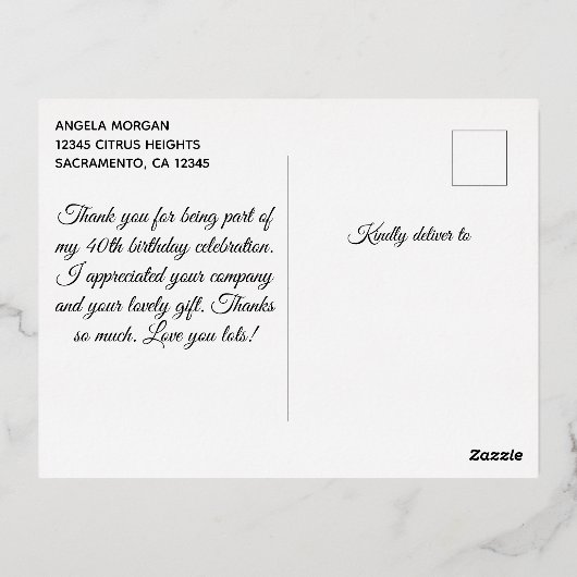 シルバーフェイクグリッターブラック40歳の誕生日ありがとう 箔招待状ポストカード (裏面)