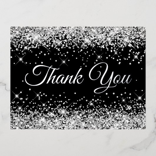 シルバーフェイクグリッターブラック40歳の誕生日ありがとう 箔招待状ポストカード (正面)