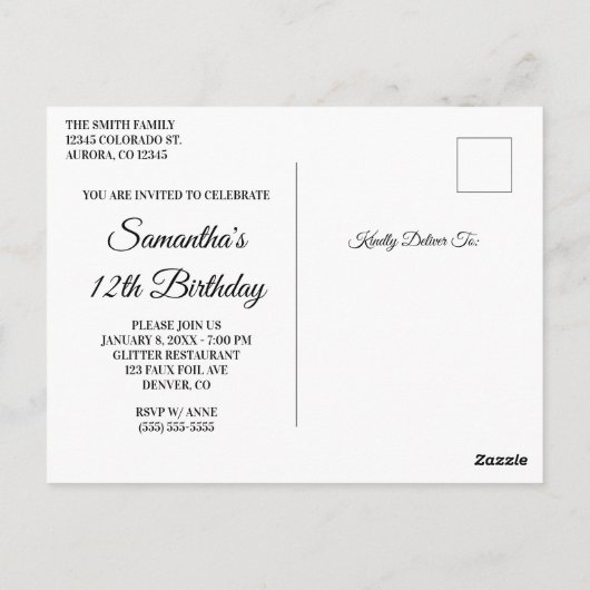 シルバーフェイクグリッターホットピンク誕生日招待状 ポストカード (裏面)