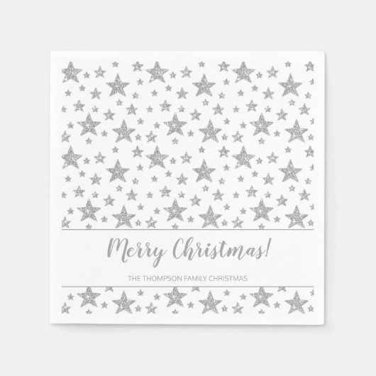 シルバーフェイクグリッタールックスタズパターンクリスマス スタンダードカクテルナプキン (正面)