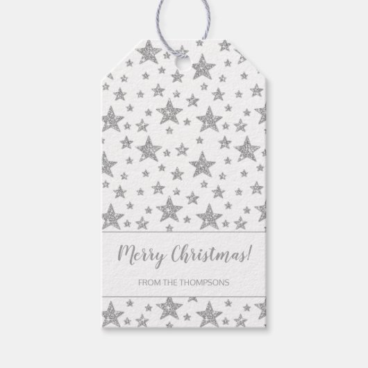シルバーフェイクグリッタールックスターズメリークリスマス ギフトタグ (正面)