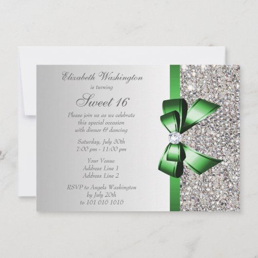 シルバーフェイクシークインエメラルドボウダイヤモンドスウィート16 招待状 (裏面)