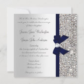 シルバーフェイクシークインダイヤモンドダークネイビーボウ結婚ズ 招待状 (裏面)