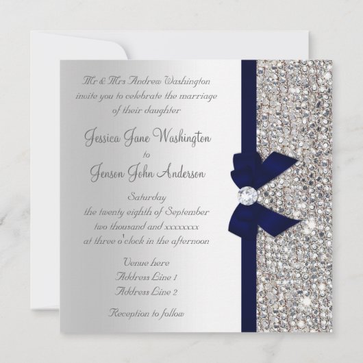シルバーフェイクシークインダイヤモンドダークネイビーボウ結婚ズ 招待状 (裏面)