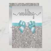 シルバーフェイクシークンズティール（緑がかった色）ボー結婚ズタイポグラフィ 招待状 (正面/裏面)