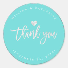 シルバーフェイクハートサンキューディカラーターコイズ ラウンドシール