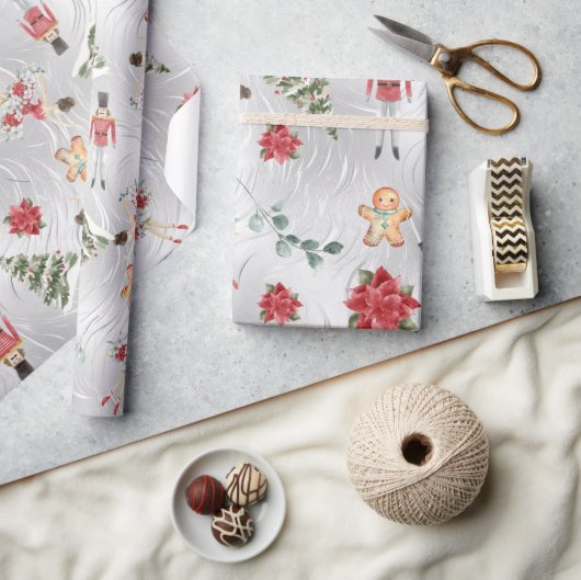 シルバーフェイクフォイルくるみ割り付け&フレンド&花模様 ラッピングペーパー (クラフト)