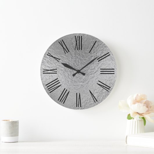 シルバーフェイクフォイルのテクスチャ黒ローマ数字 ラージ壁時計 (ホーム)