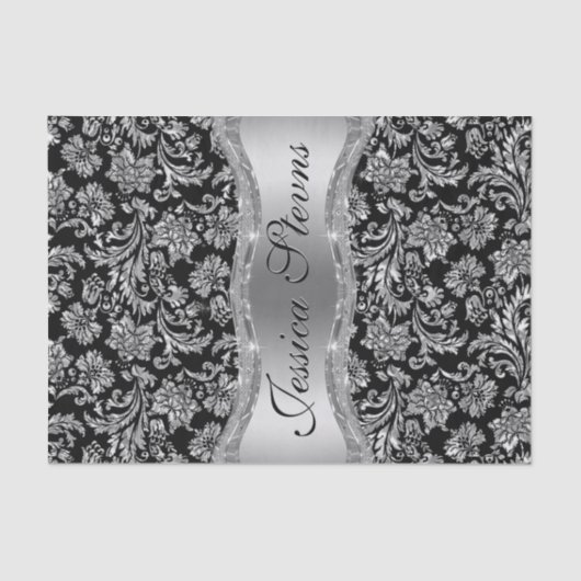 シルバーフェイクフローラダマスク黒い背景 薄葉紙 (正面)