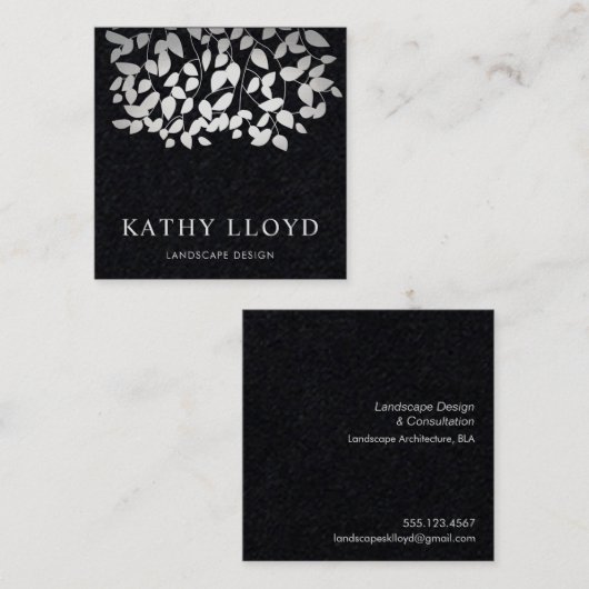 シルバーフェイク葉ランドスケープ・デザイナーブラック スクエア名刺 (正面/裏面)