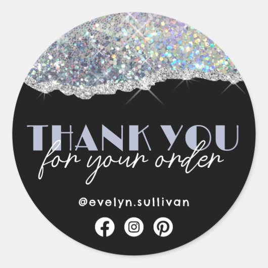 シルバーフェイク虹色グリッターサンキューステッカー ラウンドシール (正面)