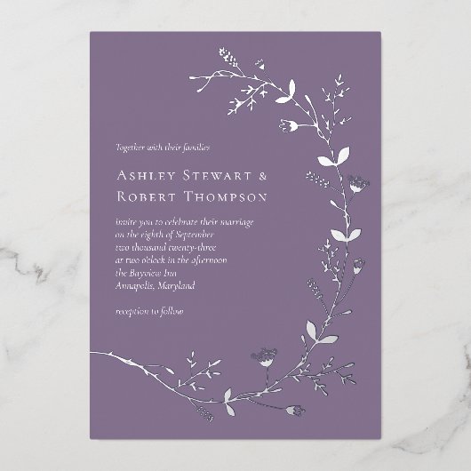 シルバーフォイルつる植物ス結婚スクロールの埃っぽい紫 箔招待状 (正面)