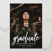 シルバーフォイルのスクリプト写真の卒業発表 箔招待状 (正面)