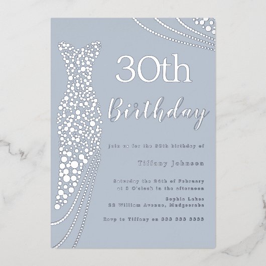 シルバーフォイルエレガントドレス30歳の誕生日 箔招待状 (正面)