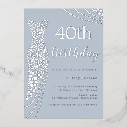 シルバーフォイルエレガントドレス40歳の誕生日 箔招待状 (正面)