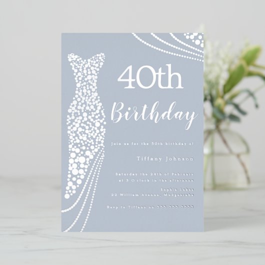 シルバーフォイルエレガントドレス40歳の誕生日 箔招待状 (立ち正面)