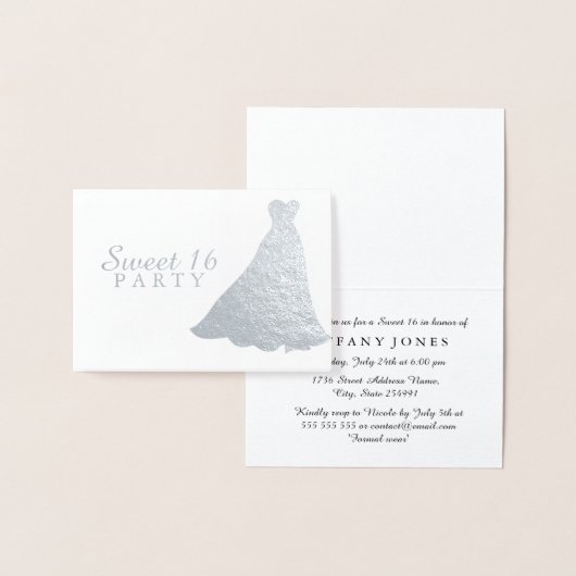 シルバーフォイルガウンドレススウィート16パーティー招待状 箔カード (ディスプレー)
