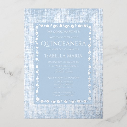 シルバーフォイルキンセアニラ招待状ダスティブルー 箔シーズンカード (正面)