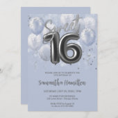 シルバーフォイルスウィート16誕生日バルーンほこりっぽいブルー 招待状 (正面/裏面)