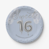 シルバーフォイルスウィート16誕生日バルーンパーティーブルー ペーパープレート (正面)