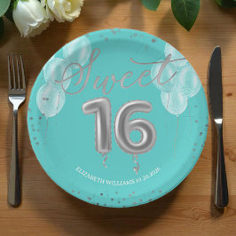 シルバーフォイルスウィート16誕生日バルーン王室のティール（緑がかった色） ペーパープレート
