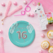 シルバーフォイルスウィート16誕生日バルーン王室のティール（緑がかった色） ペーパープレート (パーティー)