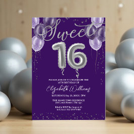 シルバーフォイルスウィート16誕生日バルーン紫 招待状