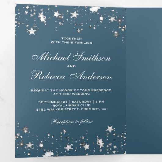 シルバーフォイルスターズ紙吹雪ダスティブルー結婚ズ 三つ折り招待状 (内部最初)