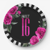 シルバーフォイルストライプフローラスウィート16ホットピンクID757 ペーパープレート (正面)