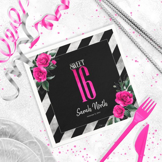 シルバーフォイルストライプフローラホットピンクID759 スタンダードカクテルナプキン