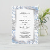 シルバーフォイルソフトブルー大理石ムスリム結婚ズ 招待状 (スタンド正面)