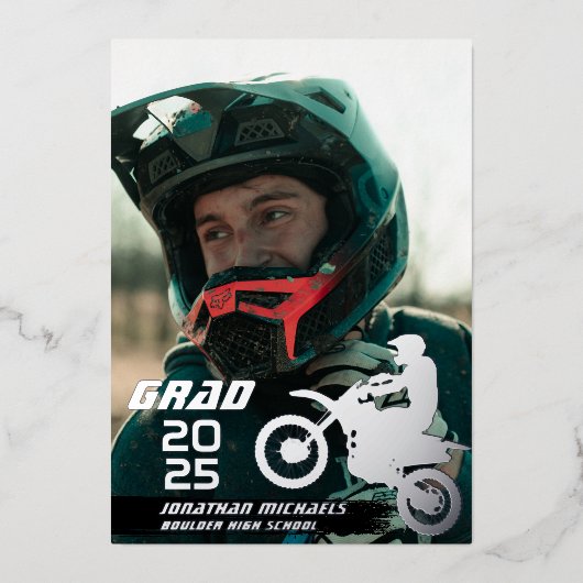 シルバーフォイルダートバイクモトクロス2写真卒業 箔招待状 (正面)