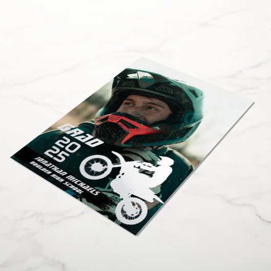 シルバーフォイルダートバイクモトクロス2写真卒業 箔招待状 (回転した状態)