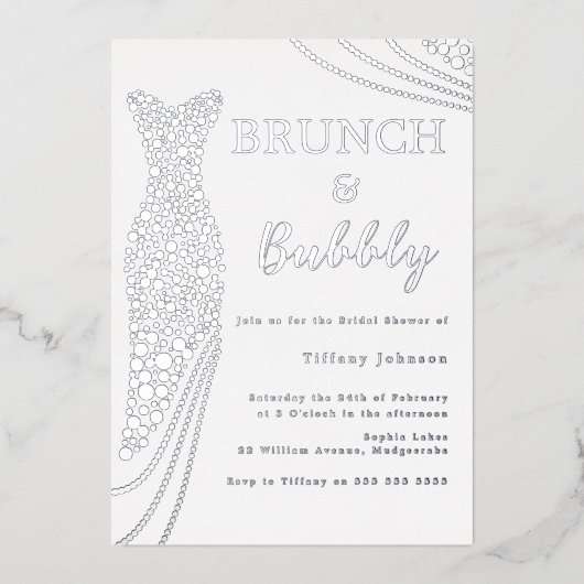 シルバーフォイルドレスブライダルシャワーブランチ&バブリー 箔招待状 (正面)