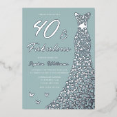 シルバーフォイルドレス40と素晴らしい40歳の誕生日 箔招待状 (正面)