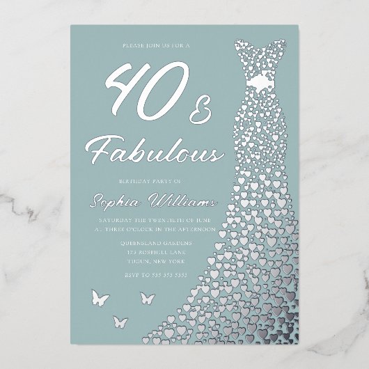 シルバーフォイルドレス40と素晴らしい40歳の誕生日 箔招待状 (正面)