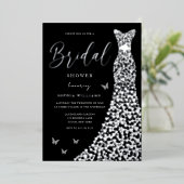 シルバーフォイルハートガウンとブラックブライダルシャワー 箔招待状 (立ち正面)