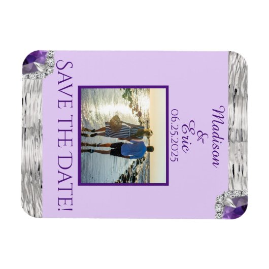 シルバーフォイルパープルアメジスト日付写真を保存 マグネット (横)