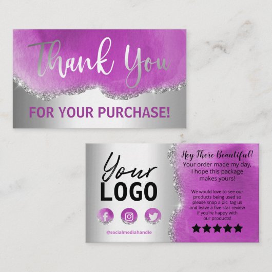 シルバーフォイルパープルグリッターアゲートありがとう 名刺 (正面/裏面)