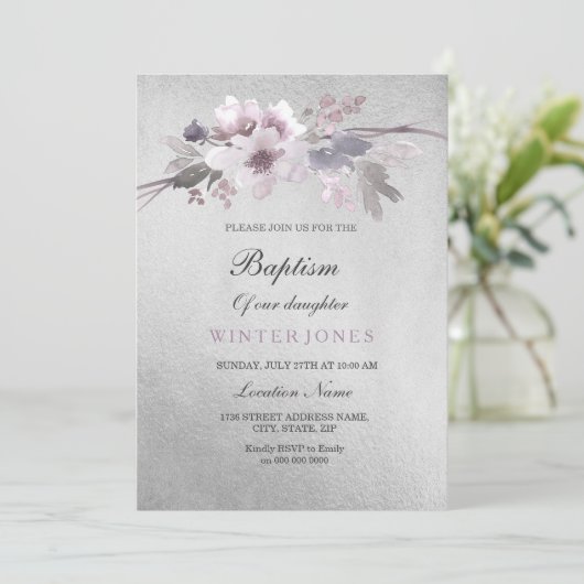 シルバーフォイルパープルフローラバプテスマ招待状 招待状 (スタンド正面)