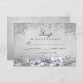 シルバーフォイルフローラパープルウェディングRSVP 出欠カード (正面/裏面)