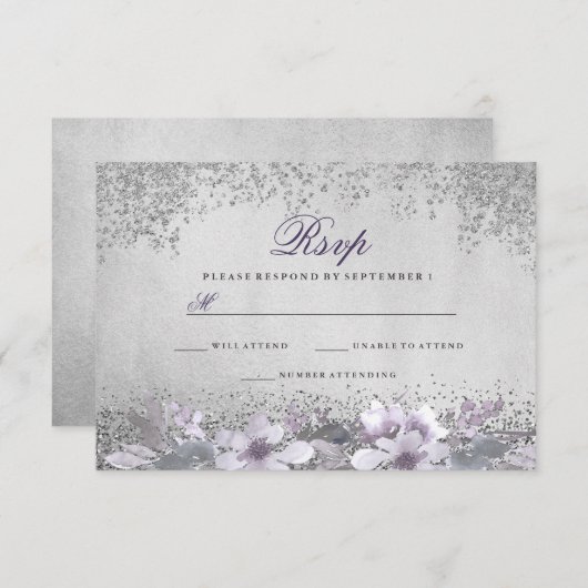 シルバーフォイルフローラパープルウェディングRSVP 出欠カード (正面/裏面)