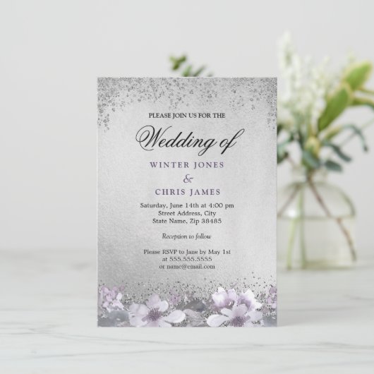 シルバーフォイルフローラパープル結婚式招待状 招待状 (スタンド正面)