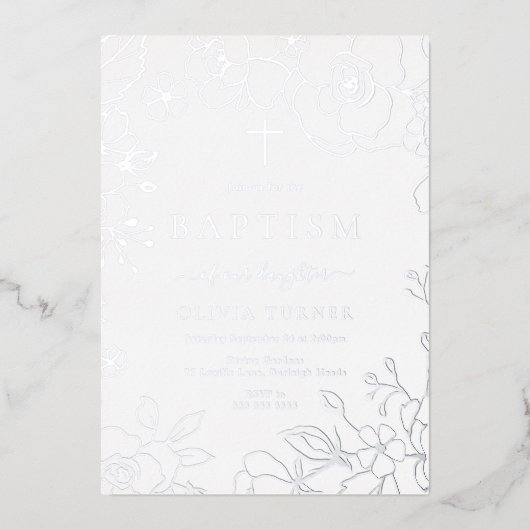 シルバーフォイルフローラボーイまたはガールバプティスシルバー 箔招待状 (正面)