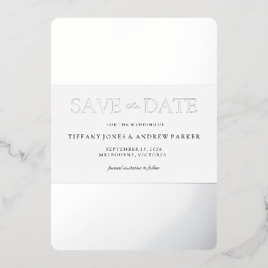 シルバーフォイルモダントレンディーウェディング日付を保存 箔招待状 (正面)