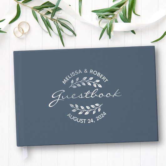 シルバーフォイルリースオンブルー結婚ズ ゲストブック