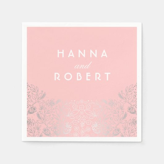 シルバーフォイル効果フローラカントリーサイドピンク結婚ズ スタンダードカクテルナプキン (正面)